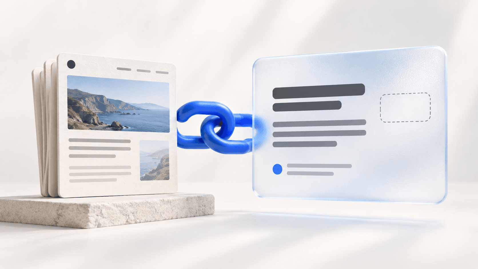 A blue link connects website pages to an answer panel with an empty brand badge.