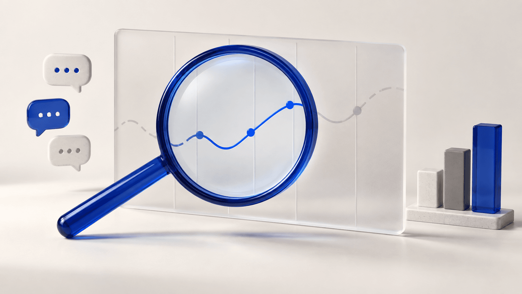 A blue magnifying glass reveals a traffic path through a translucent analytics panel.